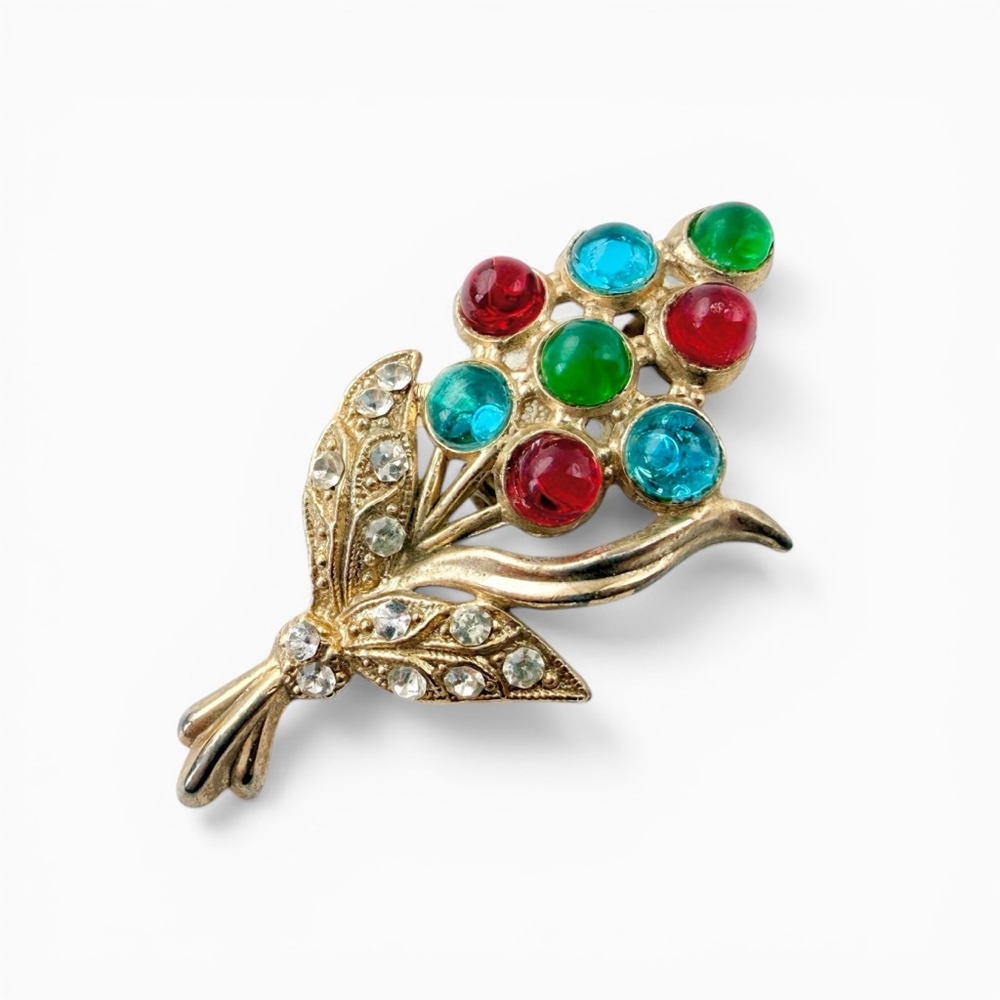 Vintage 1940s Floral Brooch Gold Tone Multicolor Glass Cabochon Rhinestone Pin